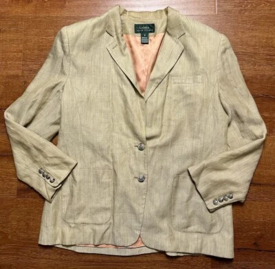 Ralph Lauren Blazer Women's 16 Tan Tweed Jacket Linen Silk Made in USA VTG Retro - Image 1 of 4