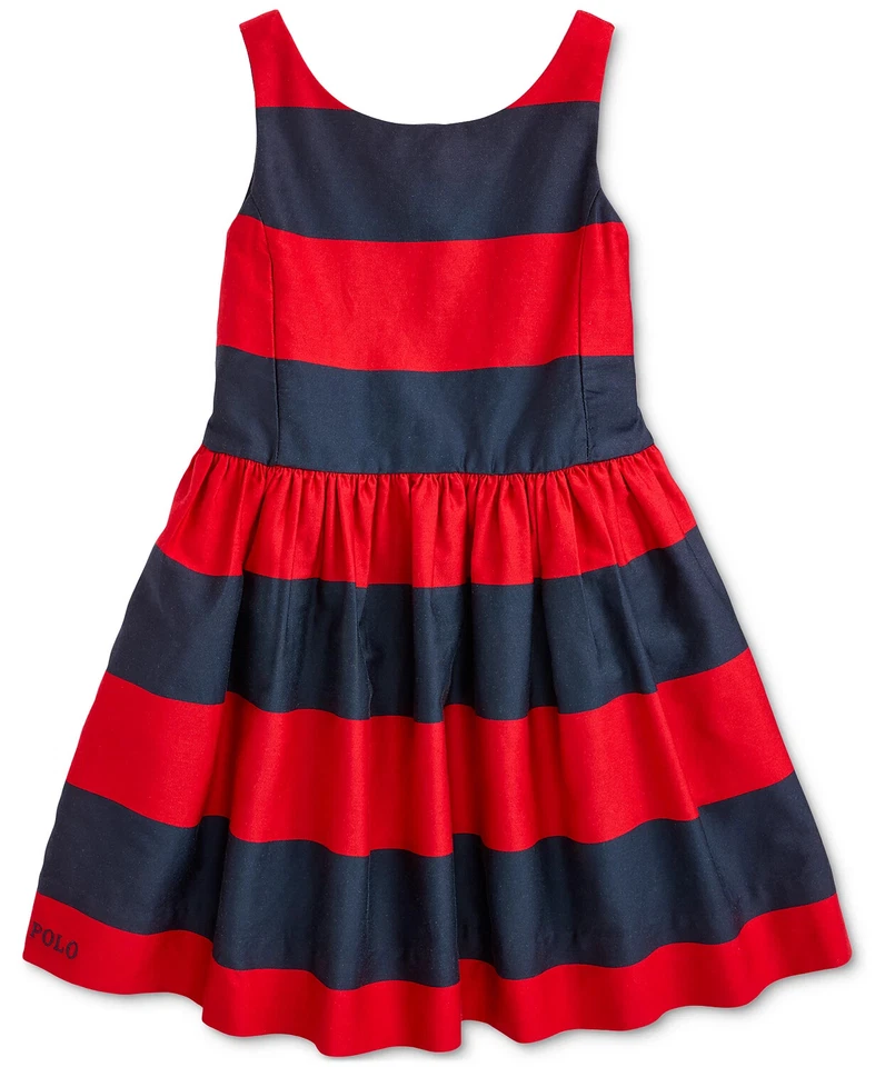 Polo Ralph Lauren 红色小女孩条纹棉质缎连衣裙 3/3T pfe0822 — 第 1/1 张图片