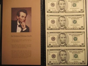 Uncut sheet of 4 2001 $5 Notes, UNC, FRN, in folder - Picture 1 of 12