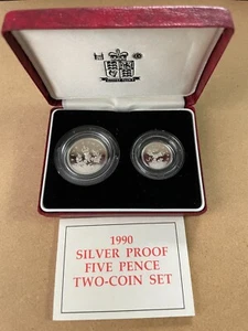 1990 United Kingdom Silver Proof Five Pence Two Coin Set (FC-198) - Picture 1 of 5