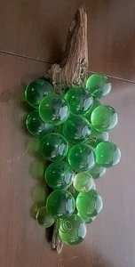 Large 15” Vintage MID CENTURY Green LUCITE GRAPE CLUSTER on Wood Branch - Picture 1 of 5