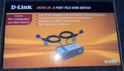 D-Link DKVM-2K 2-Port PS/2 KVM Switch with PS/2 & VGA Cables BNIB NOS - Image 1 of 3