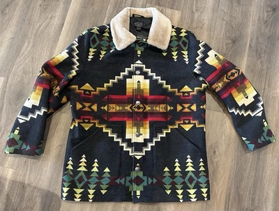 Casaco de lã Pendleton Brownsville colarinho shearling quatro cantos preto tamanho grande NOVO - Imagem 1 de 4