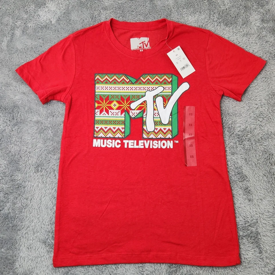 MTV Womens Size XS Holiday Short Sleeve Graphic T-Shirt Red Christmas Sweater