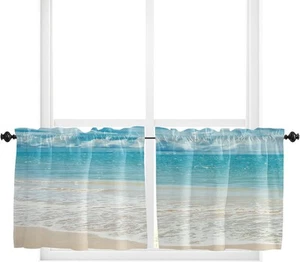 Ocean Beach Theme Kitchen Curtains for Bedrooml Living Room 36 Inch Length Blue - Picture 1 of 7