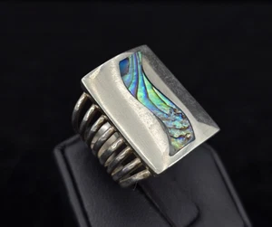 Vintage Sterling Abalone Inlay Modernist Ring 8 Ribbed Wide Band Chunky Abstract - Picture 1 of 19