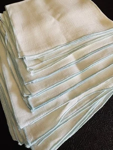 Set of 8 Vintage White Linen Banquet Dinner Table Napkins w/ Baby Blue Trim NOS - Picture 1 of 9