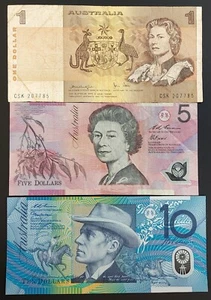 Lot of 3 circulated paper notes from Australia! $1, $5, $10! - Picture 1 of 2