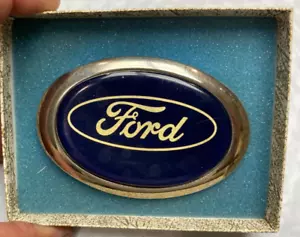 NOS Boxed Vintage Ford Belt Buckle , Blue Enamel Fill Pewter Finish RJR Roberts - Picture 1 of 3