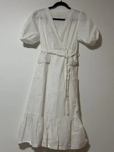 Korea White Wrap Midi Dress With Stitching And Pockets - Picture 1 of 3