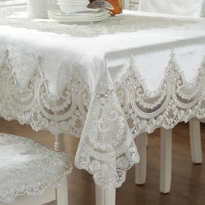 Lace Embroidery Tablecloth Velvet European Table Cover Rectangular Round - Image 1 of 4