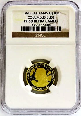 1990 GOLD BAHAMAS 500 MINTED PROOF $100 COLUMBUS BUST NGC PF 69 ULTRA CAMEO - Imagem 1 de 3