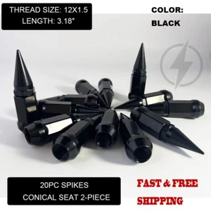20 Black 3.18" Spike Lug Nuts M12x1.5 For Aftermarket Wheels 60° Conical Seat - Picture 1 of 7