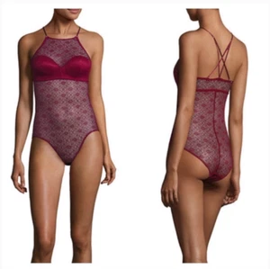 Nuevo traje de encaje de ganchillo de mujer granate Medium Sheer Sexy Mesh  - Imagen 1 de 4