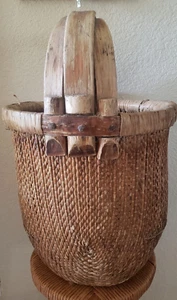 Antique Wood Wicker Chinese Rice Basket Grain Pail Fisherman's Water Bucket - Picture 1 of 5