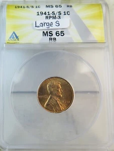 1941 S Lincoln cent ANACS MS65RB *Large S RPM-3* BR - Picture 1 of 3
