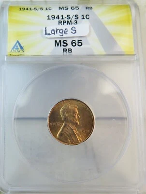1941 S Lincoln cent ANACS MS65RB *Large S RPM-3* BR - Image 1 of 3
