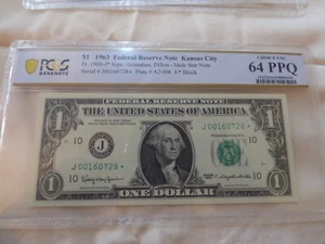 1963 F $1 Star Mule Federal Reserve Kansas City PCGS Choice Unc 64 PPQ J0016074* - Picture 1 of 1