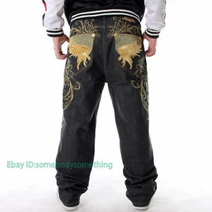 Mens Jeans Embroidery Denim Baggy Loose Hip-Hop Streetwear Pants Black W30-W46 - Picture 1 of 9