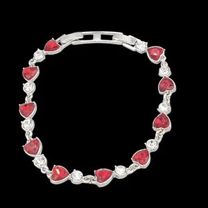 Avon NRO Rot Herz Weiß Kristall Gliederarmband Silberfarben Metall Vintage Signiert - Bild 1 von 7