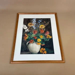 Watercolour Painting Still Life Floral Picture Flowers Wooden Frame White Mount - Picture 1 of 10