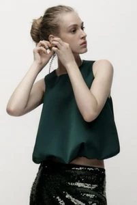 NWT ZARA - Round neck top.Balloon hem with elastic. Back gold button closure. XS - Picture 1 of 13
