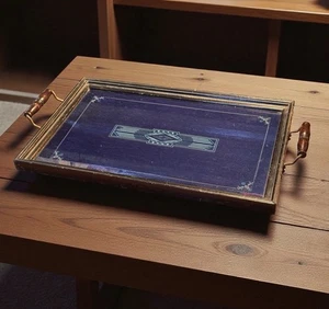 Bandeja para servir vintage estilo Art Nouveau madera y tela azul patrón geométrico - Imagen 1 de 11