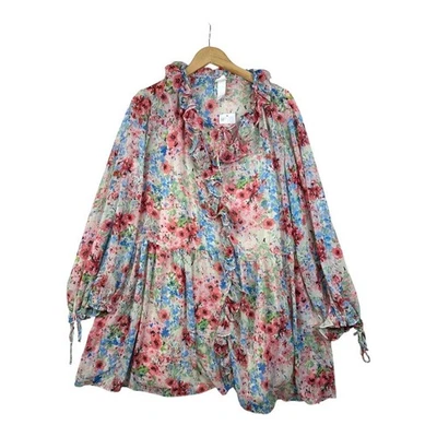 New H&M Floral Print Flounce Boho Long Sleeve Mini Dress size Large Multicolor - Image 1 of 4