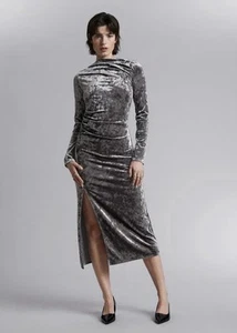 & Other Stories Midi Dress S Velvet Silver Grey Column Midaxi Long Sleeve Slit - Picture 1 of 9