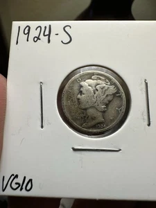 1924 San Francisco Mint Mercury Dime 90% Silber US Münze Semi Key VG - Bild 1 von 2