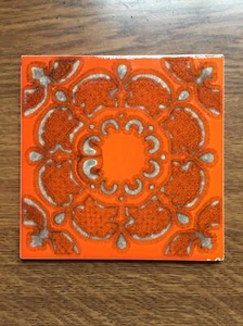 Alte Fliese Kachel Dekorfliese Untersetzer Orange 15x15cm - Bild 1 von 4