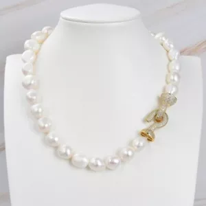 Big White Baroque Keshi Pearl Gold Plated Connector CZ Clasp Necklace For Women - Picture 1 of 6