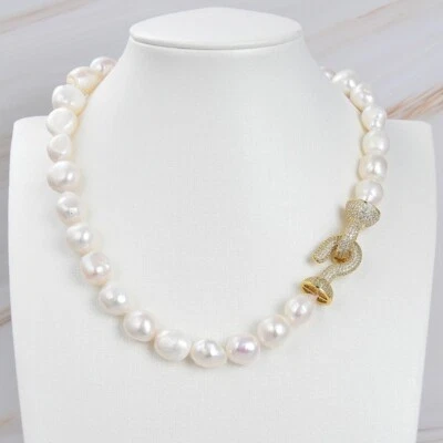 Big White Baroque Keshi Pearl Gold Plated Connector CZ Clasp Necklace For Women - Image 1 of 4
