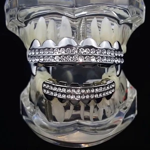 Vampire Fang Grillz Set Two Rows Silver Tone Top And Bottom Hip Hop Teeth Grills - Picture 1 of 6