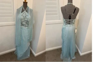 Y2K 90s Deadstock Vintage Blue Head Sequin Halter Formal Dress Chiffon Satin S 8 - Picture 1 of 24