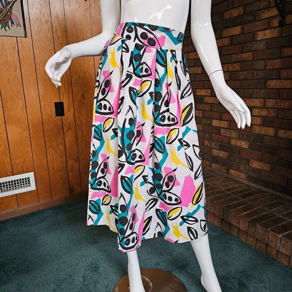 Vtg 80s Preppy Graphic Splatter Paint Pop Art New Wave Neon Midi Party Skirt S/M - Image 1 of 4
