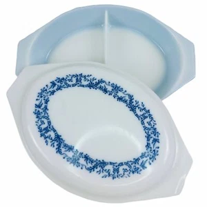 Vintage 1967 Pyrex Blue Ivy Promotional 1.5 QT Oval Divided Casserole Dish 063 - Picture 1 of 13