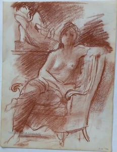 Nude on Chair 11 3/4" x 9" Pastel/Sepia Drawing1976-Adolf Konrad - Picture 1 of 4