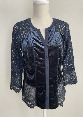 Top de terciopelo elástico de encaje vintage America Blues para mujer - azul marinero talla mediana Foto 1 de 4