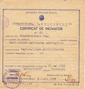 Romania, 1957, Vintage Patent / Invention Certificate - RPR - Picture 1 of 1