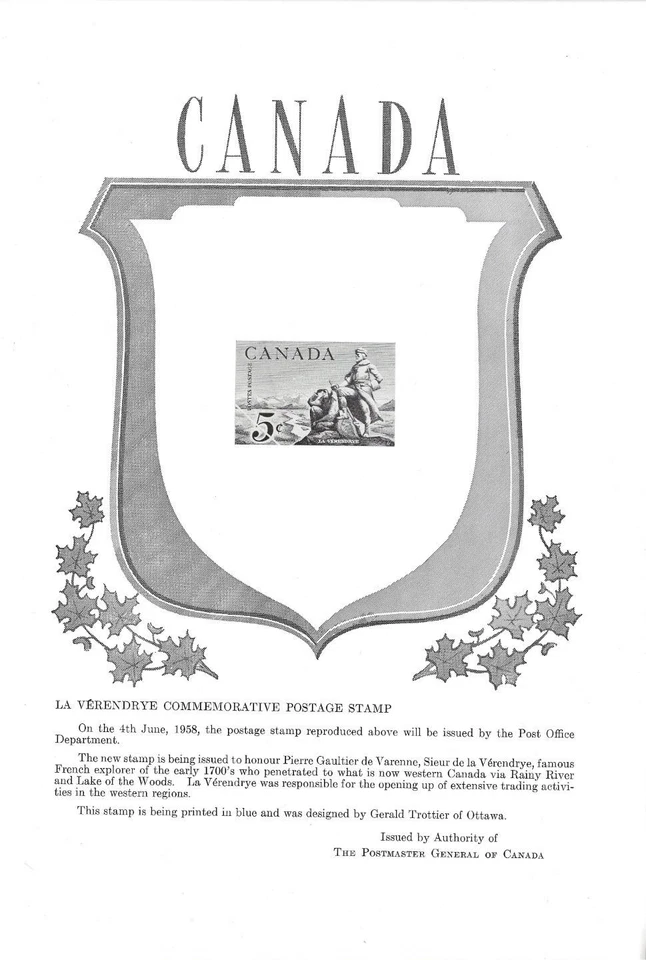 Canada post office new issue poster 1958 Laverendrye, explorer [ 278 - Image 1 of 1