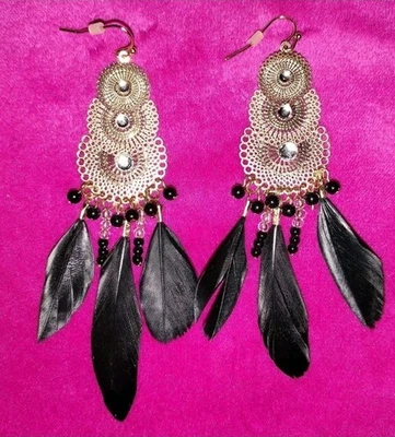 Mosaic Rhinestones Black Feathers Beads Chandelier Earrings Gold Plated Hooks - Image 1 of 4