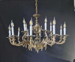 Antique Vintage Chandelier Large Brass 10 arms 15 Lights Ceiling Light Ø 36"in - Picture 1 of 21