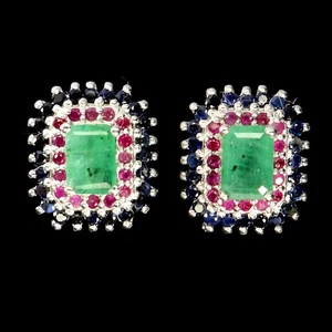 925 Sterling Silver Earrings Octagon Emerald 6x4mm Ruby Sapphire Gemstone - Picture 1 of 14