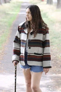 Vintage Woolrich Jacket – Multicolour Striped Cream Beige – UO Style – Size L - Picture 1 of 11