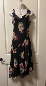 Vintage Polo Ralph Lauren Gr. M Medium Blumen Viskose Kleid Schwarz Midi Rüschen - Bild 1 von 8
