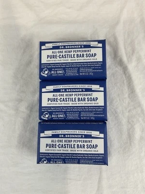 3 X Dr. Bronners Pure-Castile Bar Soap Peppermint Hemp 5 oz Fair-Trade - Image 1 of 3