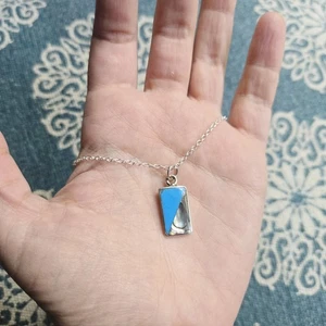 Vintage Dainty Silver Abalone Blue Enamel Geometric Necklace - Picture 1 of 9