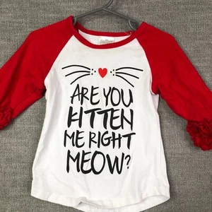 Kitten T Shirt Girls XS White Red 3/4 Sleeve Baseball Tee Ruffles - Picture 1 of 10