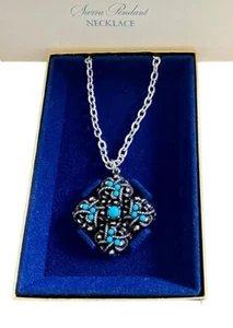 Vintage Signed 1973 Avon Sierra Turquoise Pendant 24” Silver Necklace New In Box - Picture 1 of 12